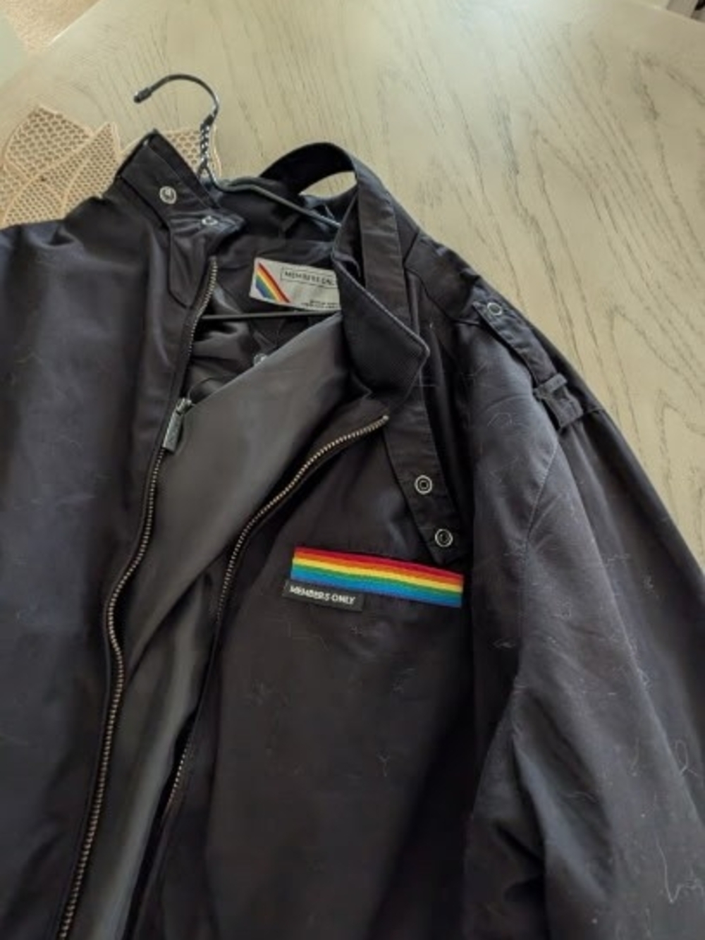 Unisex Members Only Black Windbreaker with Rainbow Stripe Chest Detail